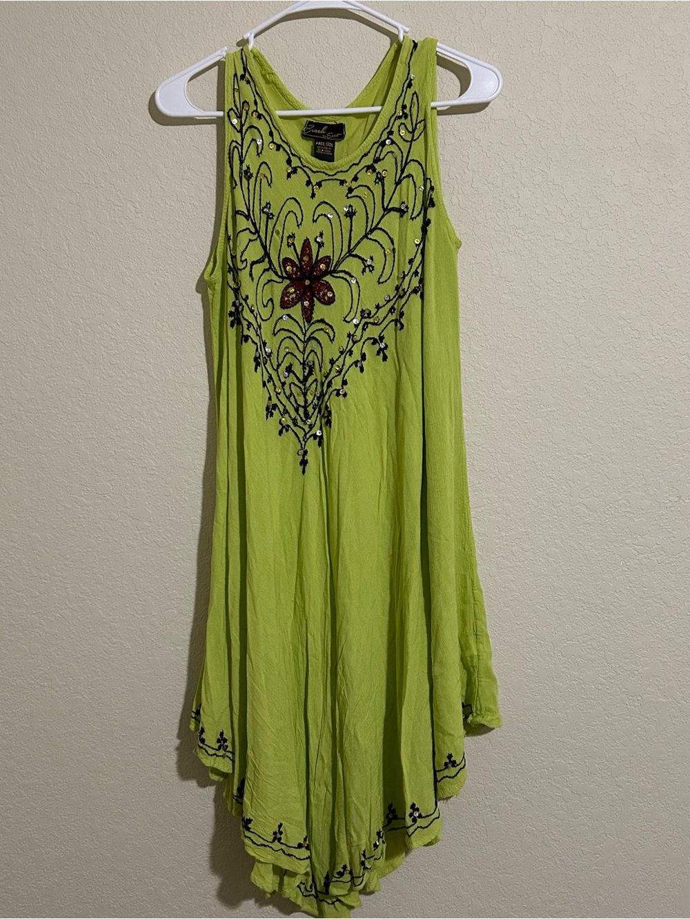 Beach by Exist Lime Green Embroidered Tank Dress with Hanker-chief Hem